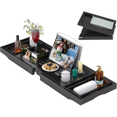 Imagem de Bandeja de banheira para banheira, bandejas de mesa de banho dobráveis, prateleira de bambu com suporte de livro e copo de vinho, acessórios de banheiro adequados para spa de luxo ou leitura, preto