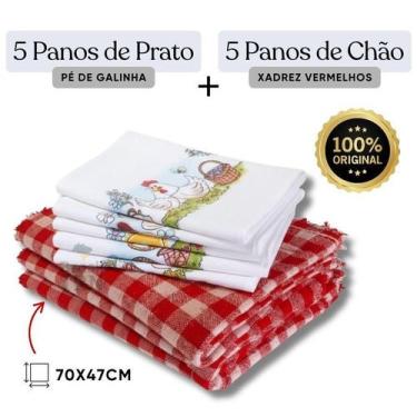Imagem de 5 Pano Chão Vermelhos Xadrez + 5 Panos De Prato Pé Galinha - Textil So