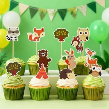 Imagem de 60 peças de topos de cupcakes com tema de criaturas da floresta, decorações de bolo para chá de bebê, festa de safári