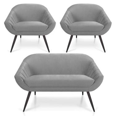 Imagem de Kit 01 Namoradeira 02 Lugares E 02 Poltronas Giovana Veludo Pés Palito De Ferro Cinza