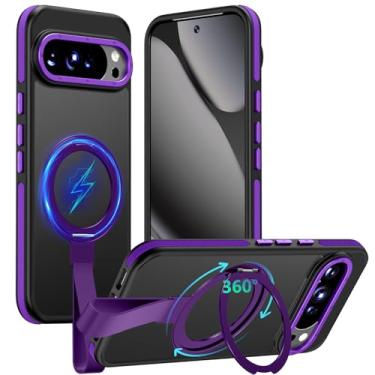 Imagem de TIANNIUKE Capa para Google Pixel 10 Pro XL, suporte magnético giratório de 360° com alça de silicone, adequado para capa de telefone MagSafe Mil-Grade à prova de choque translúcida fosca (roxa)