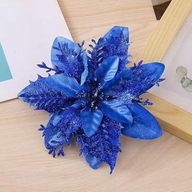 Imagem de Flores de Natal Artificiais com Glitter – 5/10/20 Peças Enfeites Decorativos para Árvore de Natal, Guirlanda e Decoração Festiva (10pcs*Azul-14cm)