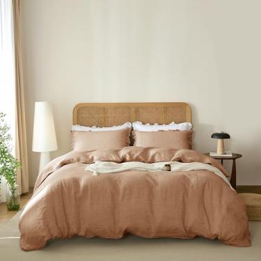 Imagem de Talasily Conjunto de capa de edredom 100% linho francês 3 peças - fecho de zíper e 8 laços de canto com fronhas de babados roupa de cama respirável para todas as estações (Queen, marrom matcha)