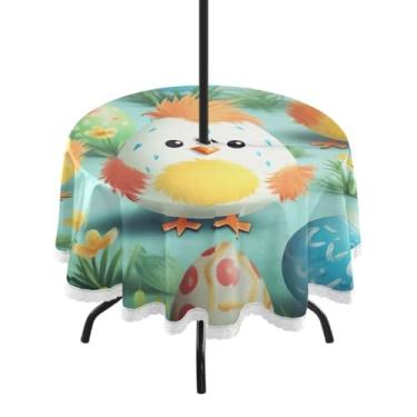 Imagem de Blueangle Toalha de mesa redonda de 152 cm à prova d'água para ambientes externos fofos pintinhos de Páscoa com orifício para guarda-chuva - Tecido resistente à prova de sol para todos os climas para