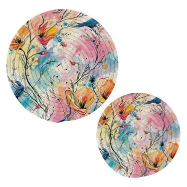 Imagem de Blueangle 2 peças de suporte de panela com padrão de flores em aquarela - conjunto de pegadores de panela de tecido redondo - almofadas quentes trançadas de algodão - porta-copos - tapetes de mesa