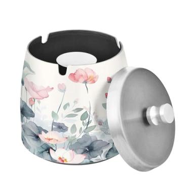 Imagem de Blueangle Cinzeiro de flores em aquarela com tampa para cigarros, à prova de vento/chuva, aço inoxidável, sem fumaça, inodoro, cinzeiro para uso interno ou externo (311)