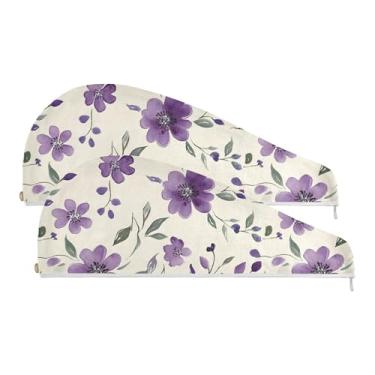 Imagem de SEHANY Toalha de cabelo de microfibra elegante flores roxas para mulheres 2 peças turbantes de cabelo de secagem rápida com botão, touca de cabelo seco absorvente toalha de secagem de cabelo para