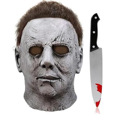 Imagem de AiMiAO Halloween Horror Mask Scary Latex Full Head Mask with Prop Knife Cosplay Costume Set Halloween Parties for Adults (grey)