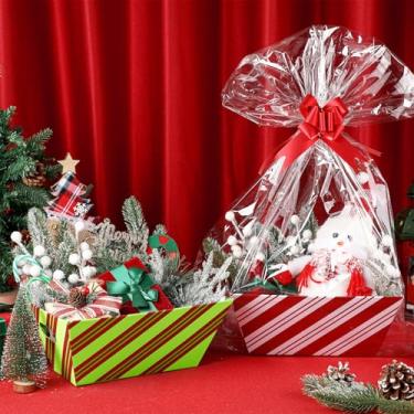 Imagem de Kolldenn 24 cestas de Natal para presente vazias faça-você-mesmo a granel 20,3 x 25,4 cm, kit de cesta de presente listrada de bengala doce vermelha e verde com alças, 8 cestas, 8 sacos e 8 laços para