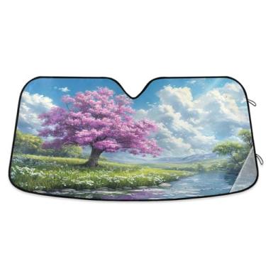 Imagem de ATTX Pára-brisas de carro de árvore bonita roxa 139.7 cm x 70.1 cm Escudo solar universal com proteção UV, persiana de janela frontal automática dobrável para caminhões Sedans SUVs #303