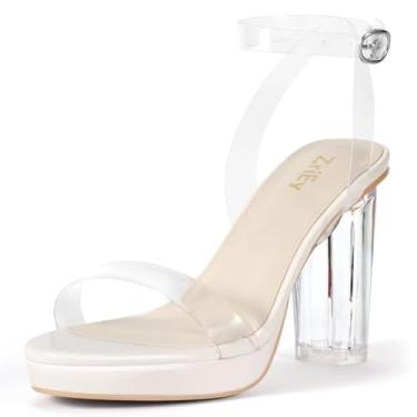 Imagem de ZriEy Salto alto transparente plataforma de 10 cm para mulheres, sandálias de salto grosso, bico aberto, tira no tornozelo, salto alto, festa de casamento, vestido de formatura, sapato, Bege