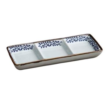 Imagem de prato de lanche Prato comercial de tempero e imersão três compartimentos 7,8 polegadas retângulo panela quente molho churrasco tigela prato lanche delicado tigela de sopa