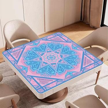 Imagem de Noise-Reducing Mahjong Mat,31.5"x31.5" Portable Tablecloth for Mahjong,Green Floral and Birds Decorated Mahjong Study Mat for Table, Board Games, Tile Games and Cards (Pink and Blue)