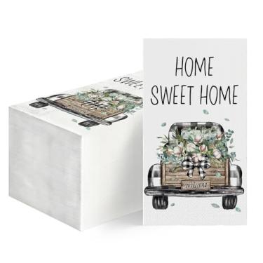 Imagem de Horaldaily 50 guardanapos decorativos de papel descartável primavera verão para convidados, toalha de mão padrão de eucalipto e letras para festa, almoço, jantar, cozinha, decoração de banheiro