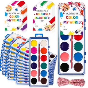 Imagem de Sabary 32 Pack Valentine Watercolor Paint Sets Valentine's Day Washable Watercolor Paints with Gift Cards and 20 Meters Rope for Classroom Exchange Gifts Valentine Party Favors Art Activities