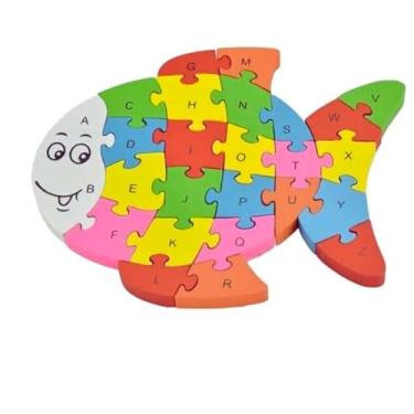Imagem de Quebra-Cabeça Infantil de Madeira - Borboleta, Peixe ou Molusco – 26 Peças Educativas com Letras e Números, Brinquedo Didático Colorido (Peixinho)