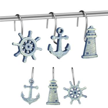 Imagem de Amyhill 12 ganchos de cortina de chuveiro náuticos decorativos anéis de cortina de chuveiro de aço inoxidável resina tema do mar decoração de banheiro adequado para casa e quarto