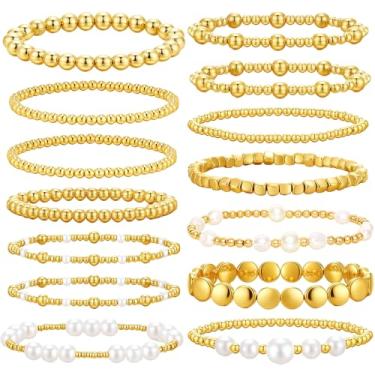 Imagem de Gvhntk 14 peças de pulseiras de ouro para mulheres, pulseiras de ouro, contas de pérolas, elásticas, esferas, acessórios modernos, joias, presentes, One Size, liga metálica, Sem Pedra Preciosa