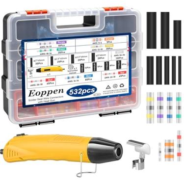 Imagem de Eoppen 532 conectores de fio de vedação de solda e kit de tubulação termorretrátil com pistola de calor, conectores de fio termorretrátil 26-6 AWG à prova d'água e terminais de fio elétrico isolados