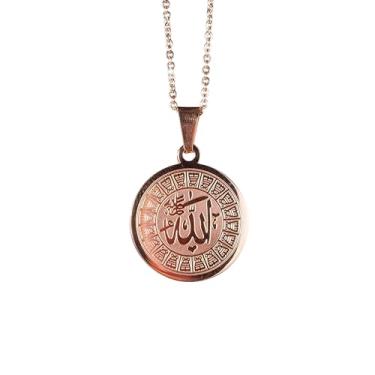 Imagem de ZUDO Colar medalhão Allah – ouro 18 K, ouro rosa 18 K, ródio prata e aço inoxidável revestido com PVD preto - corrente de cabo de 1 mm e corrente de freio de 3 mm - colar islâmico para homens e