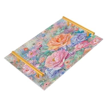 Imagem de Wassud Bandejas de acrílico para banheiro, rosas, aquarela, joias, perfumes, alça para maquiagem, cômoda, quarto, cozinha, bancada, mesa, 30 x 20 cm