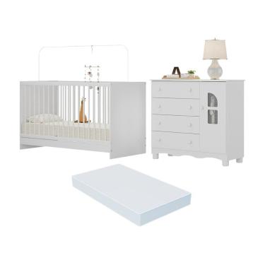 Imagem de Berço 3 em 1 com Colchão Incluso e Cômoda 1 Porta 4 Gavetas Aurora Multimóveis MP4770