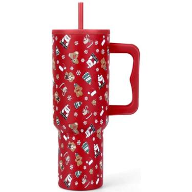 Imagem de Copo de Natal de 1,134 g com alça e canudo, caneca de café de viagem de aço inoxidável isolado com tampa, compatível com porta-copos, 100% à prova de vazamento, presentes de Natal para mulheres e