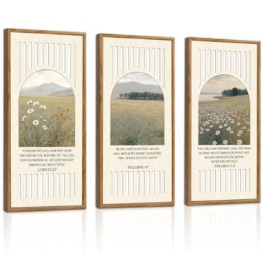 Imagem de IARTTOP 3 peças de arte de parede emolduradas com versículo bíblico de flores escrituras cristãs decoração de parede de madeira Jesus religiosa paisagem natural impressões de arte para igreja oração