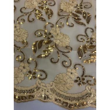 Imagem de Sedona Designz Tecido de renda floral Queen com cordão de 127 cm de largura com lantejoulas – Tecido bordado de malha com bordas recortadas para formatura, vestidos de noiva, decoração e projetos de