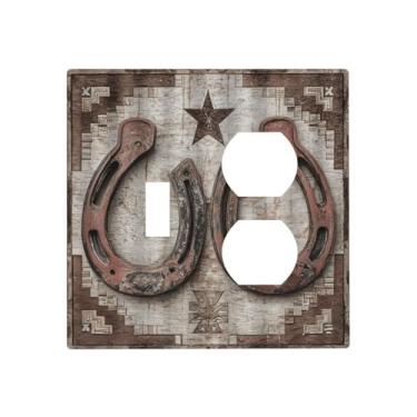 Imagem de ybclf Farmhouse Western Horseshoe Combo Toggle Outlet Covers Capa decorativa country rústica vintage placa de parede elétrica receptáculo interruptor de luz para cozinha quarto