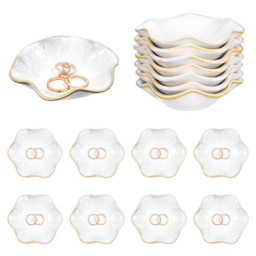 Imagem de 8 peças pequena bandeja de joias de cerâmica bandeja decorativa requintada pequena bugiganga de cerâmica para brincos, anéis, chave, casamento, aniversário, joias, presentes (branco, 11 cm)