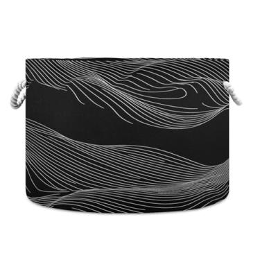 Imagem de JUZIHAI Cesta de armazenamento dobrável com linha de onda abstrata, cesto de roupa suja para bebê, cobertor com alças de corda de algodão, caixa organizadora de armário dobrável para quarto, berçário