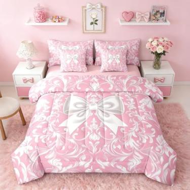 Imagem de Erosebridal Conjunto de edredom damasco para crianças, meninas, feminino, com laço, 7 peças, decoração de quarto, barroco vitoriano, gravata borboleta