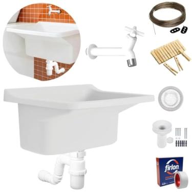 Imagem de Tanque Lavanderia 40L Branco + Sifão Copo Sanfonado + Veda Rosca + Torneira Branca + Varal em Aço + Prendedor + Ralo