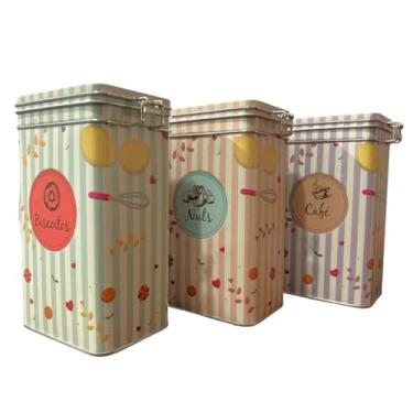 Imagem de Conjunto 3 Potes Porta Cereais Retrô Vintage Mantimentos Metal Lata SORTIDAS