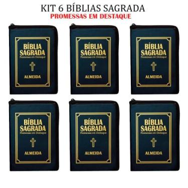 Imagem de Kit 6 Bíblias Sagradas Pequena Zíper - Preta - 13x9 cm - REI DAS BIBLI