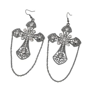Imagem de Brincos góticos de cruz grossa de cristal punk longo prata borla preta brincos pendentes grandes joias de orelha para mulheres, one size, Metal, Sem pedra preciosa