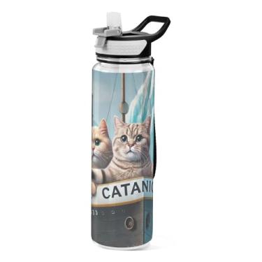 Imagem de ODAWA Garrafa esportiva transparente Cute Cats Titanic Kitten com canudo Tritan 946 ml para viagens de academia