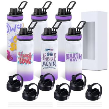 Imagem de CoolSub Recipientes para garrafas de água Sublimation Sports, copos de sublimação de 590 ml, copos de sublimação de aço inoxidável de parede dupla com tampa de boca larga e canudo 6 pacotes roxos