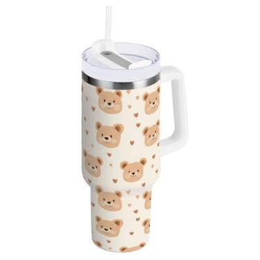 Imagem de ODAWA Copo de viagem isolado grande com alça e canudo, copo com isolamento de parede dupla bege com cara de urso