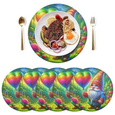Imagem de Conjunto de 6 tapetes de mesa de cozinha de PVC coloridos com coração de gnomo, 38 cm, jogo americano lavável