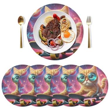 Imagem de Tapete de mesa de PVC para skate Space Cat 38 cm, conjunto de 6, jogo americano lavável para mesa de jantar