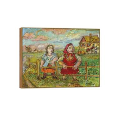 Imagem de BMZFYBS David Burliuk Famosas impressões em tela de arte de parede prontas para pendurar Duas meninas. Pintura de moldura de madeira para decoração de sala de estar 50 x 65 cm 20 x 26 polegadas