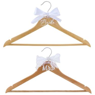 Imagem de INFUNLY Pacote com 2 cabides de madeira para noivas para noivas de casamento com laço de fita de pérola, conjunto de cabides de madeira para casamento, 43 x 21 cm, acessórios de presente para chá de