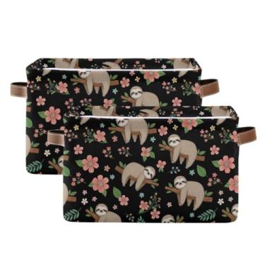 Imagem de Organizador de roupas dobrável de tecido – Caixas de armazenamento decorativas de lona dobráveis para banheiro, roupas fofas flores preguiça preta, pacote com 2