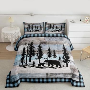 Imagem de Feelyou Conjunto de edredom queen com urso, rústica, para crianças, meninos, meninas, fazenda, campo, acampamento, decoração de quarto de microfibra, 3 peças com 2 fronhas