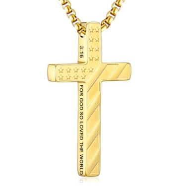 Imagem de RWQIAN Colar de cruz com bandeira americana para homens, corrente masculina com pingente de cruz e versículo da Bíblia de aço inoxidável, colar de crucifixo para cristãos, adolescentes, batismo
