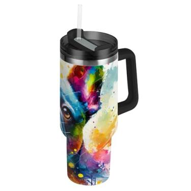 Imagem de Joisal Copos de aço inoxidável com tampa e canudos Buldogue colorido carros brancos copo de café bebida quente Termo 850 g copo com alça garrafas de água isoladas