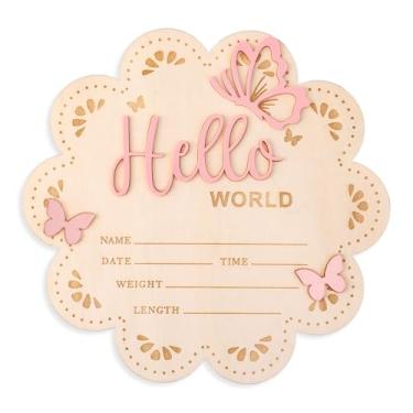 Imagem de Placa de Anúncio de Nascimento, 15,5 cm Placa Madeira "Olá Mundo" Boas-Vindas ao Bebê Com o Nome do Bebê para Fotos Recém-Nascidos Hospital e Berçário (Rosa)