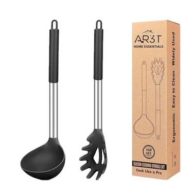 Imagem de AR3T Conjunto de utensílios de cozinha de silicone Home Essentials, concha de cozinha e colher de macarrão com alça de aço inoxidável, preto, 2 peças